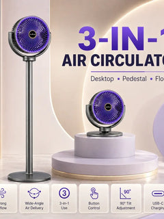 Ventilatore Turbo 3-in-1 per Circolazione d'Aria Domestica, Ventilatore da Terra e da Tavolo Retrattile con Telecomando, Ventilatore Portatile per Ufficio e Camera da Letto