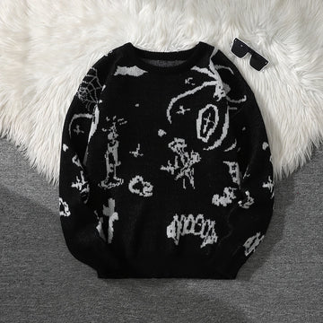 New Trendy Street Graffiti Jacquard Pattern Pullover Sweater, Casual Round-Neck Color-Block Knit Men's Pullover, Suitable for Everyday Wear, Unisex Top for Going Out, Regular Fit, Suitable for Autumn and Winter