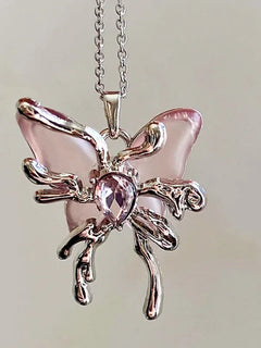 Y2K Sweet Cool Liquid Pink Butterfly Pendant Necklace Female Pink Zircon Water Drop Versatile Necklace Summer New Jewelry