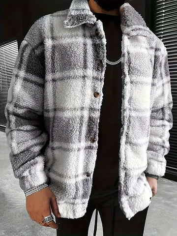 Trendy Mens Plaid Fleece Jackets Vintage Buttoned Lapel Furry Cozy Flannel Jacket Coat For Men Fall Winter New Casual Outerwear