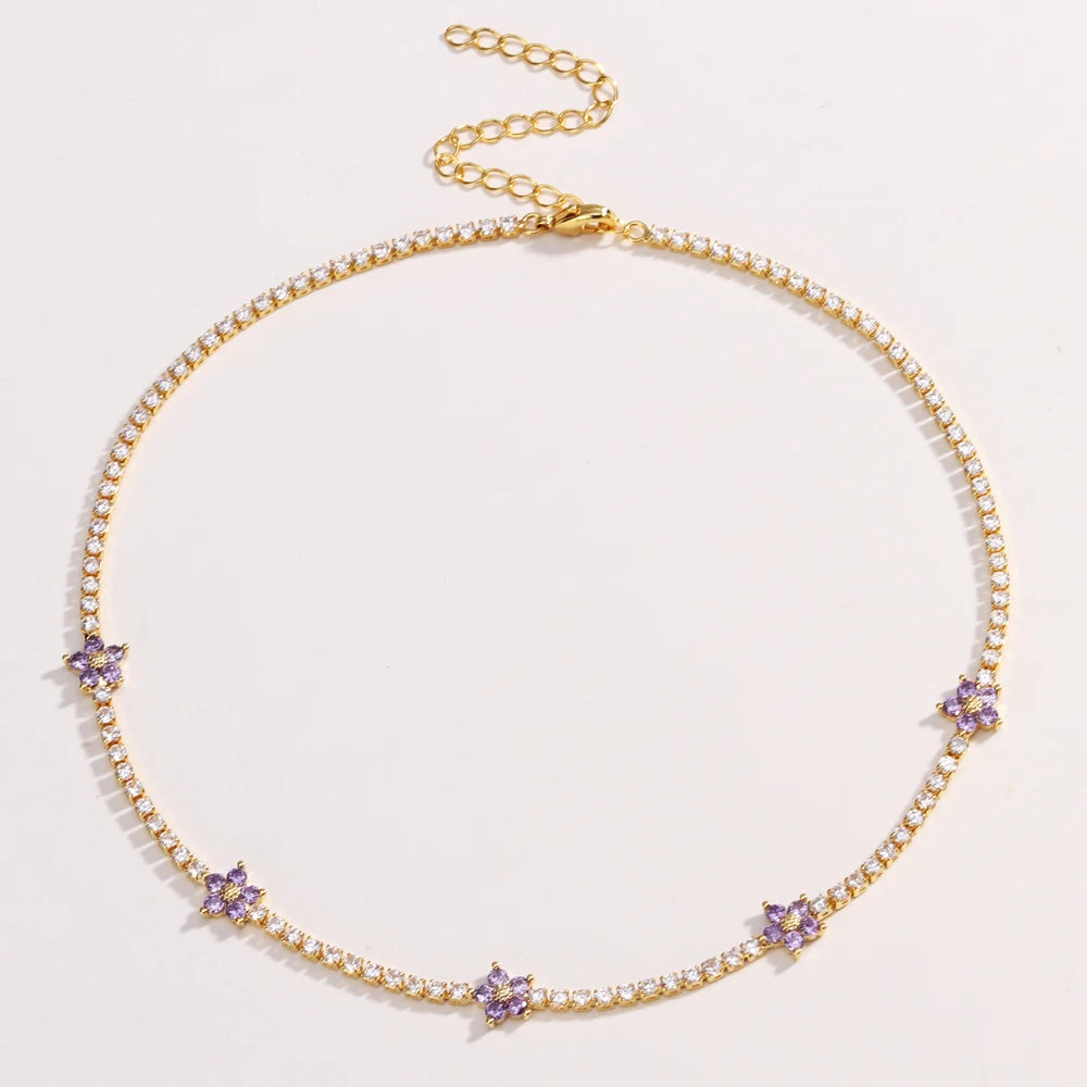 Fiori colorati con zirconi cubici Baguette Catena da tennis Collana girocollo da donna Gioielli hip-hop in ottone per donna Dorato