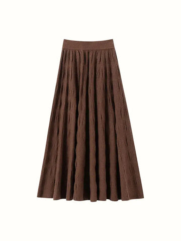 Women Cashmere Skirt A-Line Jacquard Elastic Waist Flared Skirt Autumn Winter 100% Cashmere Knitted Office Lady Curled Hem Dress PlatiNum