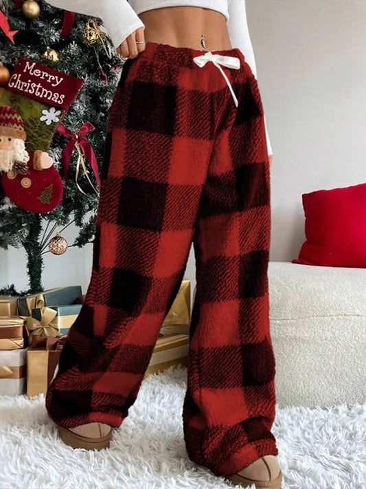 Fleece-Lined Buffalo Plaid Pants Drawstring-Waist Wide-Leg Soft Warm 2026 Speing Cozy Women Bottoms Casual Daily Lounge Trousers
