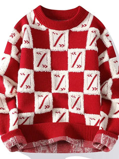 New Men's Fashion Round Neck Print Sweater Autumn Winter Contrast Color Printed Letter Long Sleeve Loose Casual Knitted Tops