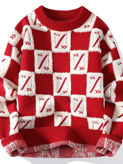 New Men's Fashion Round Neck Print Sweater Autumn Winter Contrast Color Printed Letter Long Sleeve Loose Casual Knitted Tops