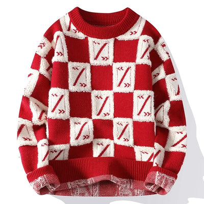 New Men's Fashion Round Neck Print Sweater Autumn Winter Contrast Color Printed Letter Long Sleeve Loose Casual Knitted Tops