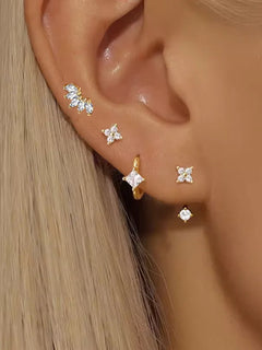 4PCS Zircon Heart Moon Flower Small Hoop Earrings Set For Women Stainless Steel Huggies Pendant Pier