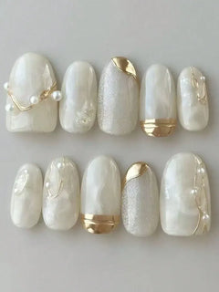 10Pcs Handmade Press on Nails Full Cover Rhinestone Design French Almond False Nails Artificial Wearable Manicure Nail Tips Art