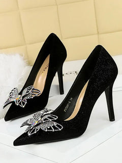 NUOVE Décolleté da donna con strass Tacchi alti a farfalla 10 CM Tacchi a spillo da donna in pelle scamosciata Scarpe da banchetto di lusso Scarpe da sposa di moda
