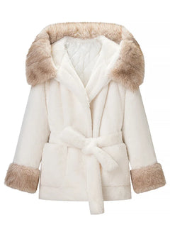 Casual Patchwork Faux Fur Collar Women's Coat Lace Up Pockets Thicken Lady Coats 2026 Autumn Winter Female Street Outerwear