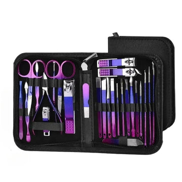 26Pcs Red Blue Gradient Nail Clipper Kit Stainless Steel Manicure Pedicure Set Nail Care Tool With Portable Storage Case Gift