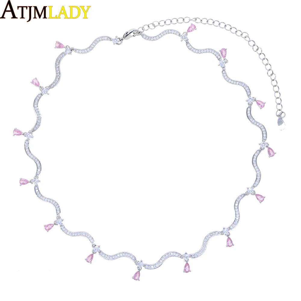 2025 Moda Bianco Rosa Tear Drop Cubic Zirconia Micro Pavimenta CZ Pavimentato Bling Wave Bar Cuore Fascino Collana Girocollo Gioielli da donna