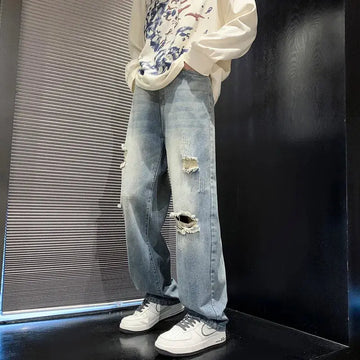 New vintage casual loose fit men's jeans with high street style straight leg denim pants for teenagers, torn knees and damaged PlatiNum