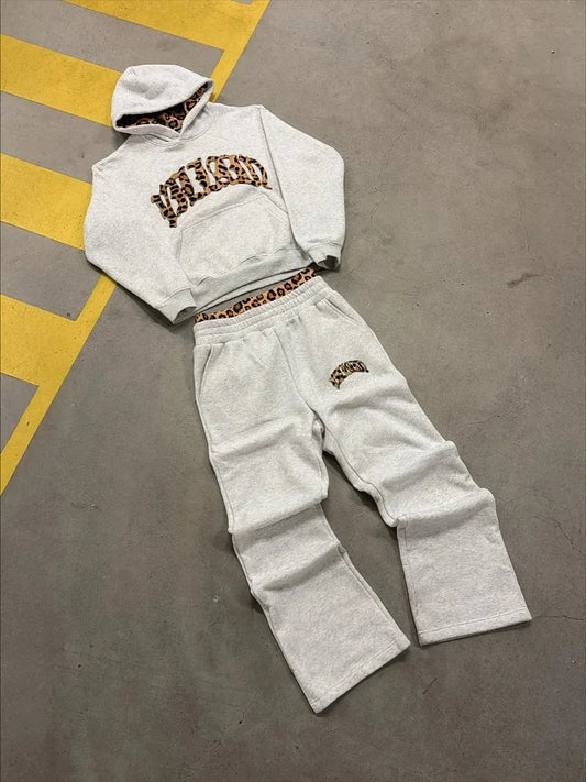 Tuta sportiva da uomo ricamata con lettera stampata leopardata moda di strada Y2K Abbigliamento ampio di tendenza con cappuccio retrò casual americano