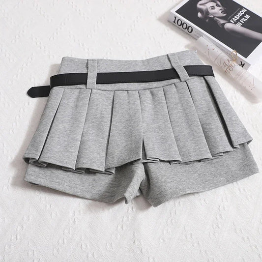 Womens Shorts Autumn Winter Belt High Waist Fluffy Pleated A-line Short Pants Korean Fashion Sexy Y2k All Match Clothes