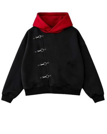 Y2K Red Itadori Hoodie Oversized Black Red Spliced Metal Button Casual Sweatshirt Trendy and Simple Men Women Streetwear Jacket