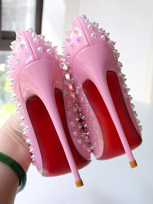 2025 new rivet high heels for women, 12CM pointed shallow mouth single shoes, socialite banquet shoes