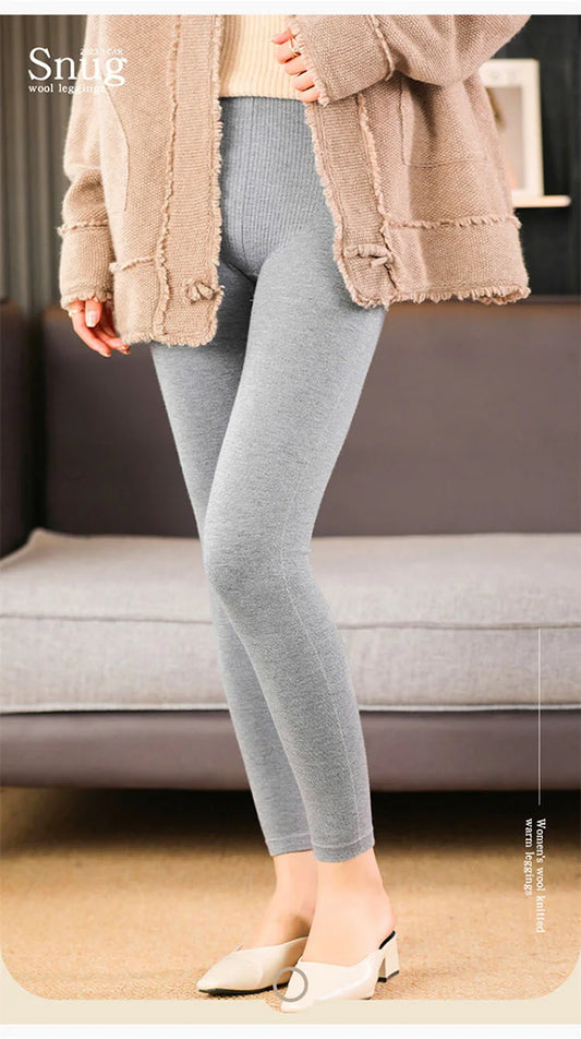 Adult Winter Thermal Thickened High-Waist Wool Leggings Pure Wool Base Layer Knit Pants Thigh-High Tights for Autumn
