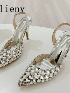 Hlieny Hollow Out Patent Leather Women Pumps Fashion Crystal Diamonds Pointed Toe Gold Silver High Heels Shoes Stiletto Sandals
