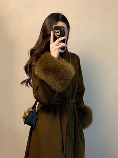 2025 New Spring Winter Warm Long Woolen Coat Women Elegant Warm Wool Blend Trench Coat With Belt Fashion Outerwear