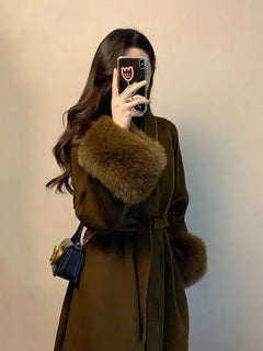 2025 New Spring Winter Warm Long Woolen Coat Women Elegant Warm Wool Blend Trench Coat With Belt Fashion Outerwear
