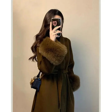 2025 New Spring Winter Warm Long Woolen Coat Women Elegant Warm Wool Blend Trench Coat With Belt Fashion Outerwear