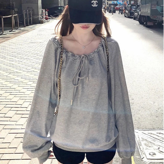 Bandage Pleated Solid Lazy Style Hoodies Sweatshirts Spring Autumn Long Sleeve Loose Fashion Tops Korean Casual Women Clothing