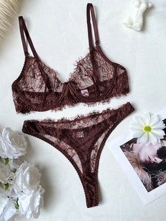 Tornova Erotic Lingerie French Retro Eyelash Lace Underwear Set Sexy Intimate See-through Ultra-thin Bra with Underwire Briefs