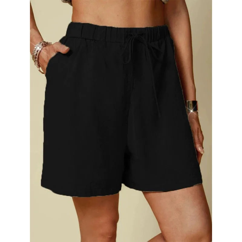 Independent website wish Amazon new style pure color loose casual elastic waist lace-up shorts for women