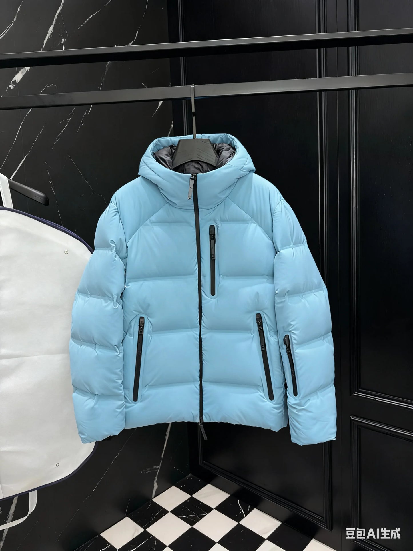 2025 Piumino da uomo con cappuccio ispessito azzurro, capispalla antivento per la stagione fredda