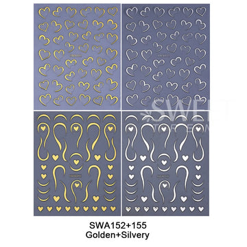 4pcs Valentine's Day Nail Art Stickers 3D Gold/Silver French Lines Love Heart Nail Decals Adhesive Slider Manicure Decorations