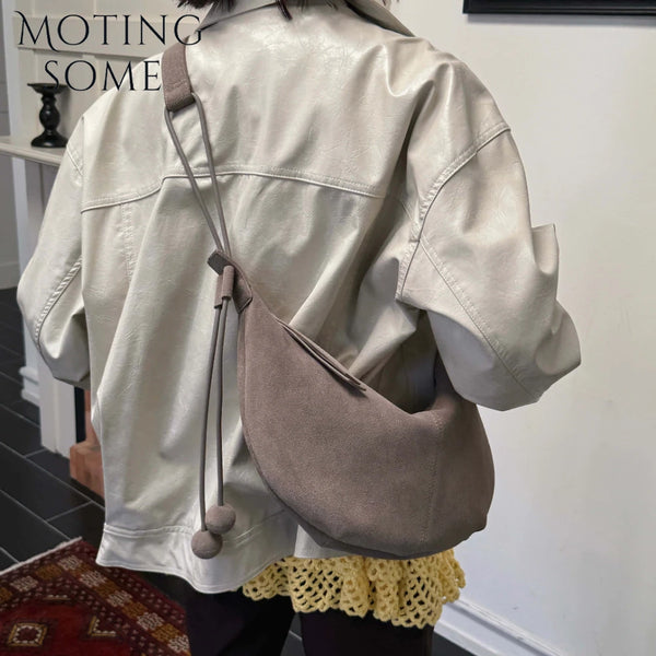 Motingsome Natural Suede Genuine Leather Saddle Bags Luxury Woman Bags Shoulder Messenger Purse Matte Half Moon Tote 2025 New