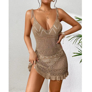 Abito da donna in tinta unita senza maniche con scollo all'americana, per le vacanze estive, bikini lavorato a maglia, copricostume, abiti da spiaggia alla moda senza schienale platinumshop