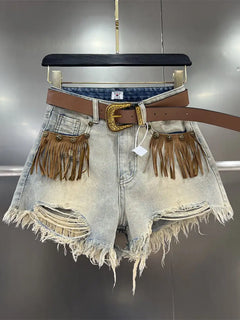 Pantaloni Jean corti Donna Boxer con frange Pantaloncini di jeans larghi strappati per donna Y2k Vintage Outdoor Casual Streetwear Tendenza classica 2025