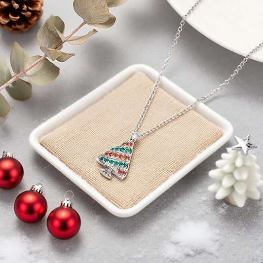 Huitan Collana con ciondolo albero di Natale con zirconi rossi/verdi luminosi Nuovi accessori squisiti per gioielli da festival da donna