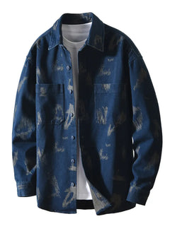T795 Men's Long Sleeve Denim Casual Shirt for Autumn Winter Fashion Loose Relaxed Fit Vintage Flower Print Denim Jackets Male