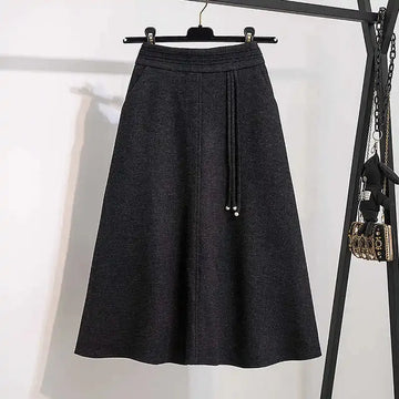 Thicken Woolen Skirt For Women Autumn Winter High Waist Loose A-Line Skirts Elegant Office Lady Mid-length Skirt PlatiNum
