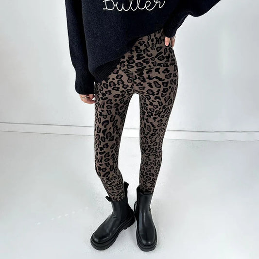 Y2K Leopard Foot Pants Women Autumn Winter Fashion Comfort Warm Plus Fleece Leggings Female High Waist Seamless Tight Leggings