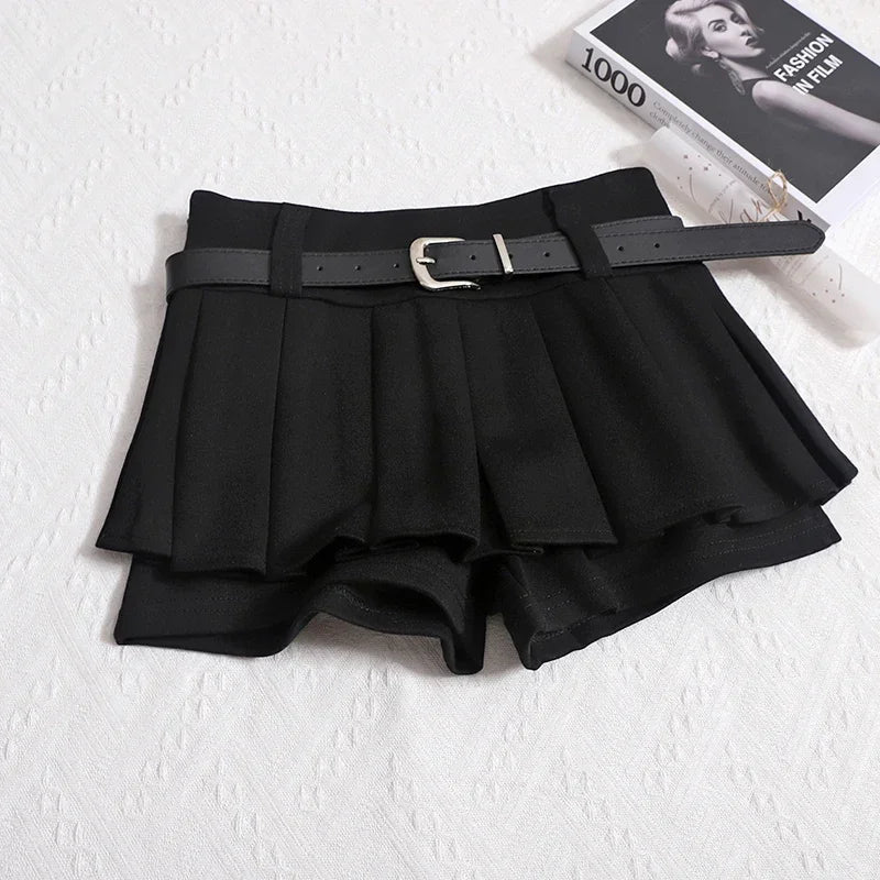 Womens Shorts Autumn Winter Belt High Waist Fluffy Pleated A-line Short Pants Korean Fashion Sexy Y2k All Match Clothes