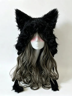 Custom Handmade Crochet Moss Green Fox Ear Hat Women Plush Floral Knitted Beanie Men Goblincore Cosplay Forest Winter Warm Hood