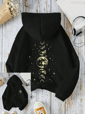 New with Different Moon Prints Front and Back Printed kangaroo pocket Hoodies Casual and Fashionable Women's Clothing