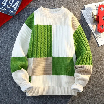Autumn Winter Men's Round Neck Knit Sweater Fashion Plaid Knitted Pullovers Men Casual Loose Warm patchwork Sweaters