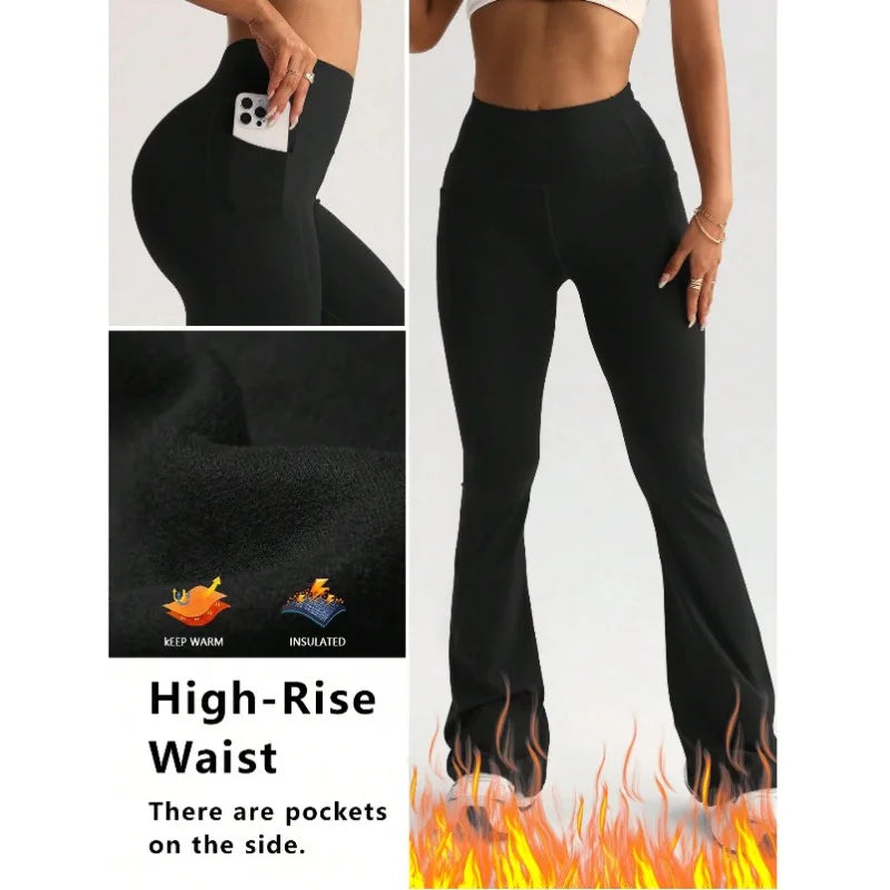 Women's Thermal Fleece Wide Leg Yoga Pants High Waisted Booty Lifting Outdoor Fitness Leggings High Stretch Lounge To Trail Wear