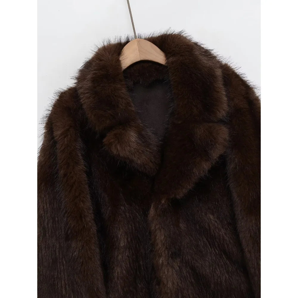 New in Reversible Double-faced Faux Fur Jacket for Women Stylish Lapel Collar Crossover Button-up Outwears Winter Brown Overcoat