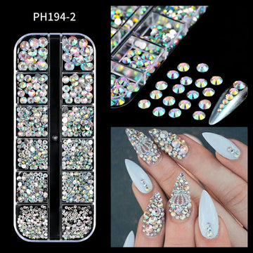 12 Grids Mixed Size Nail Rhinestones SS6 to SS30 Shiny Clear Gold Pink Blue Flat Back Glass Gems for DIY Nail Art Manicure Decoration Supply