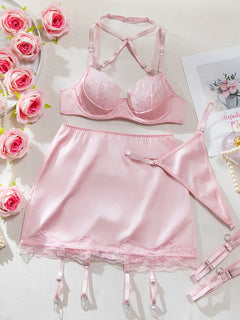 4 Pieces Sexy Lingerie Sets Women Hot Halter Lace Bra and Panty Garters Mini Skirt Set Sissy Erotic Costumes Romantic Underwear