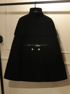 French Elegant Temperament Socialite Knitted Splicing High Neck Double-breasted Fashion Versatile Woolen Cloak Jacket Coat Women