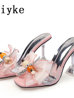 Liyke 2026 New Fashion 9CM Pantofole con tacco trasparente Filato netto rosa Bowknot Sandali estivi Scarpe trasparenti per le donne Ciabatte Presentazioni aziende produttrici giochi