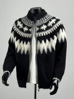 Men's Fashion Sweater Jacket Retro Geometric Patchwork Color Cardigan Autumn Winter Comfortable Warm Clothes Men's Oversized Top
