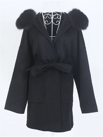 OFTBUY Omen Double Face Wool Coat Natural Fur Coat Wool Blend Jacket Winter Warm Elegant Long Sleeve Fur Cuffs Fashion Outerwear